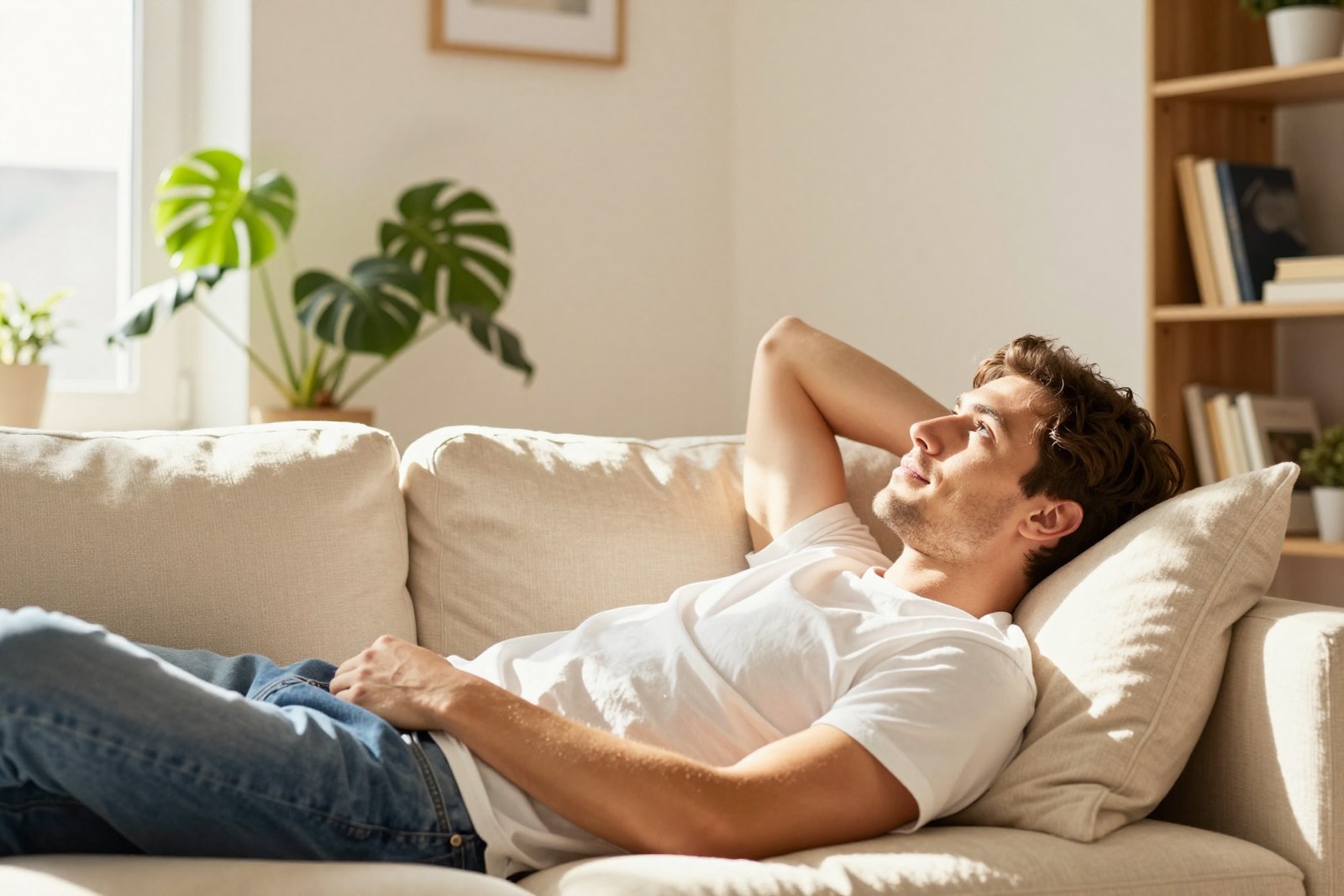 Mann liegt auf dem Sofa und schaut an die Decke
