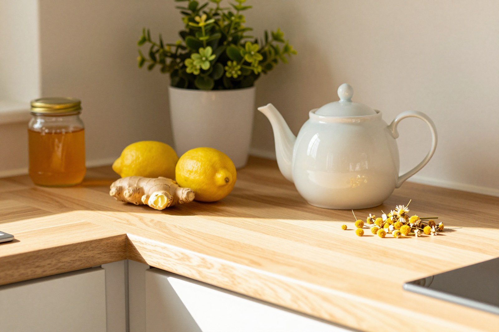 Küchentheke mit Teekanne, Ingwer, Zitrone und Honig