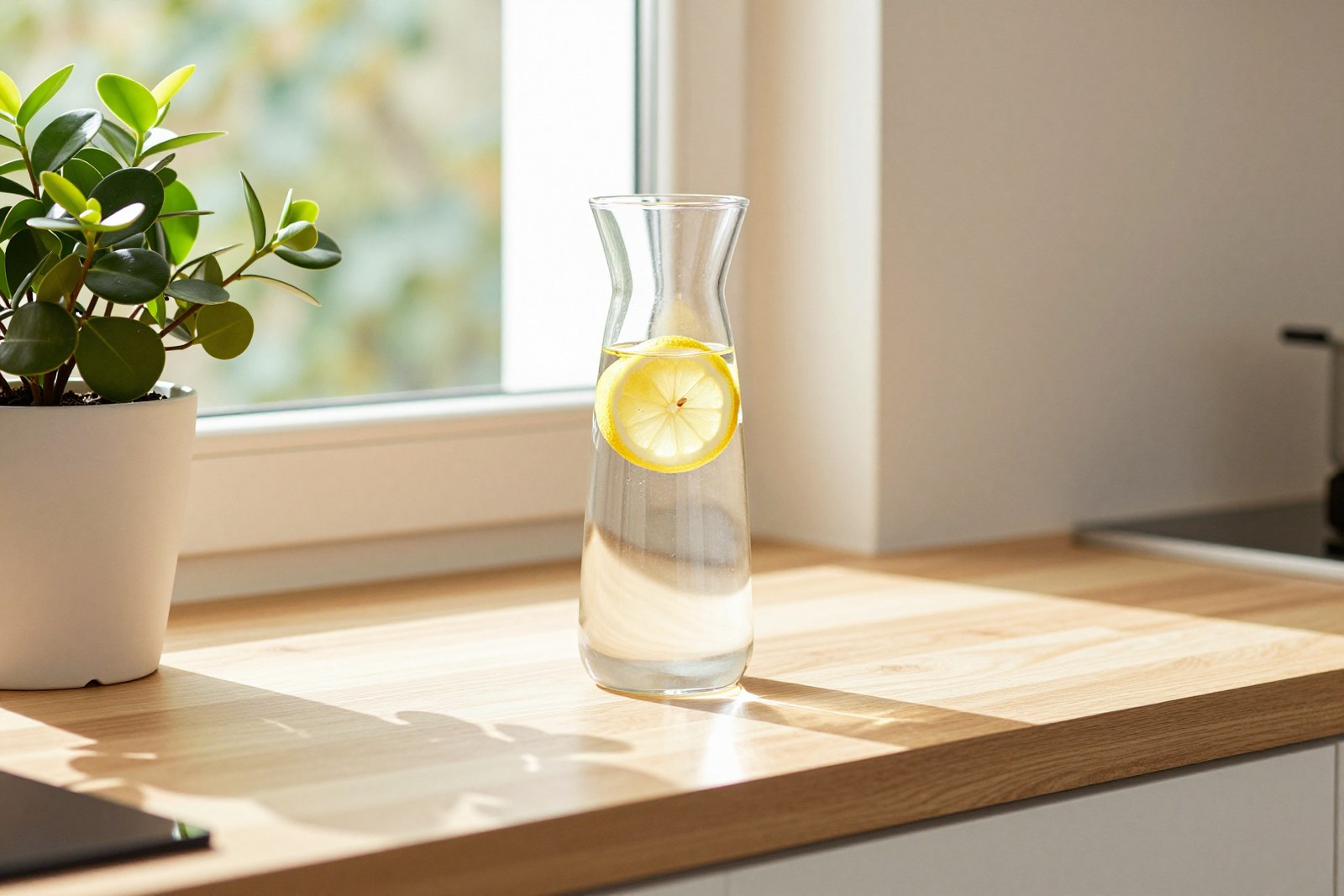 Wasserkaraffe mit Zitrone auf einer sonnigen Fensterbank