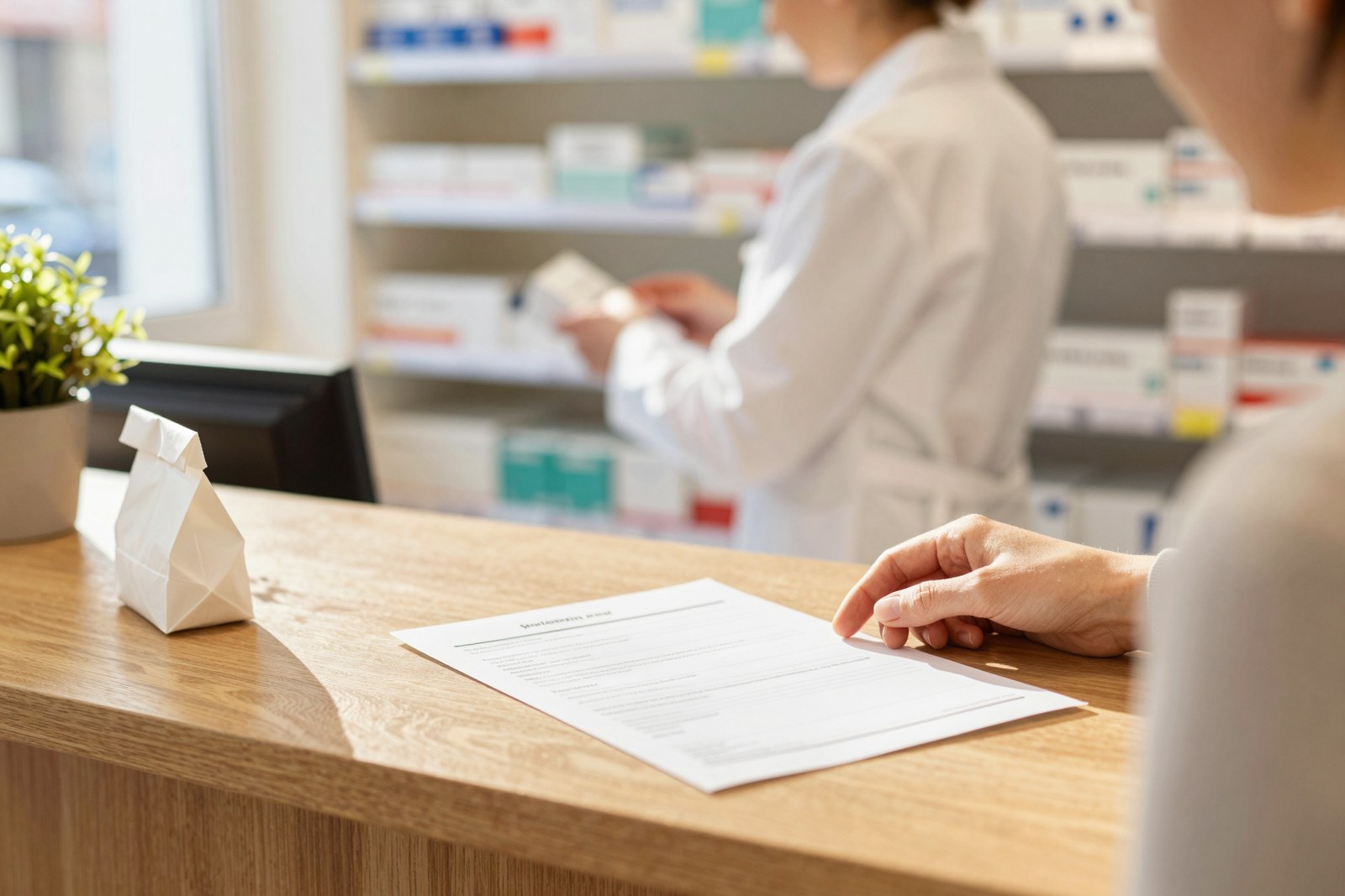 Rezept und Medikamententuete auf dem Tresen einer Apotheke