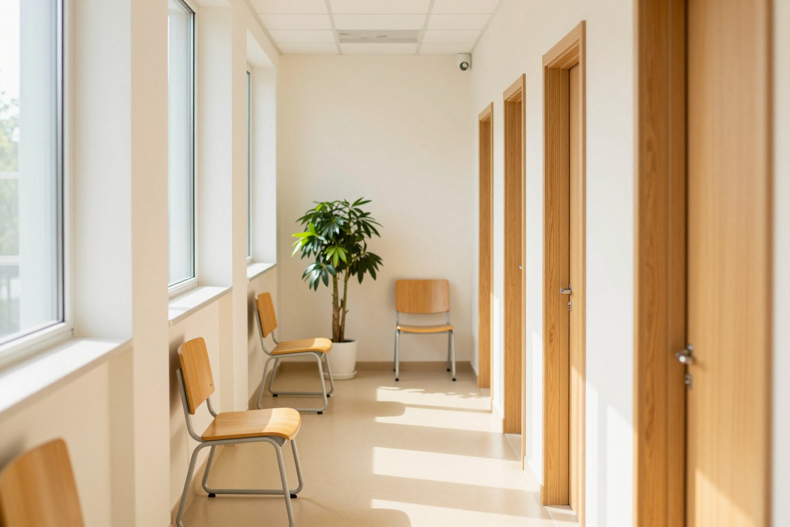 Heller, ruhiger Flur mit Wartebereich in einer Klinik
