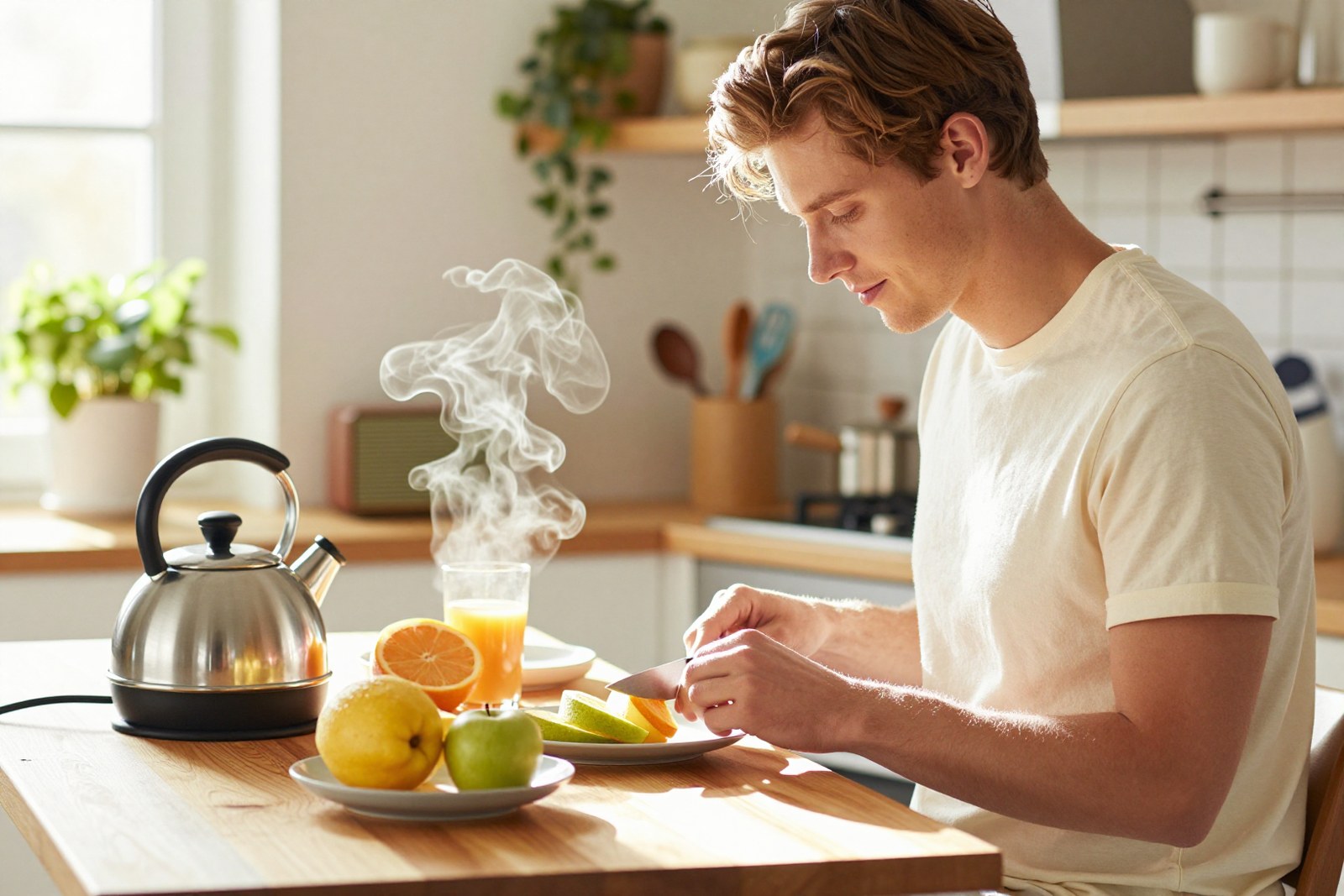 Junger Mann macht sich in der sonnigen Küche Frühstück