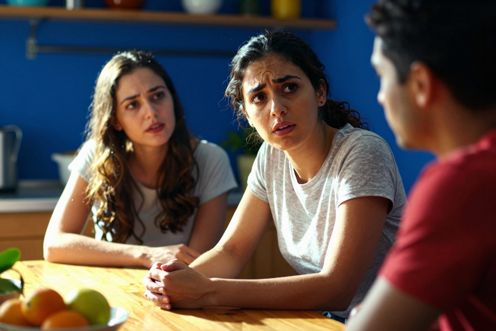 Zwei Frauen sprechen besorgt am Kuechentisch