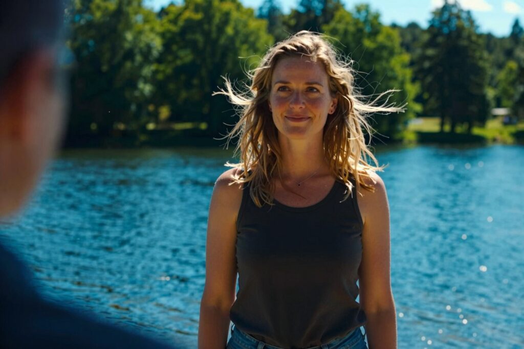 Frau steht in der Sonne am See