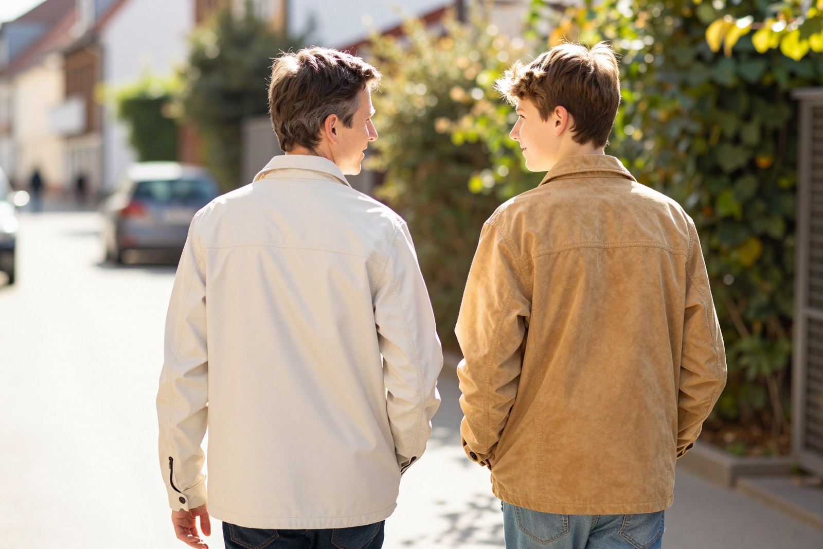 Vater und Sohn gehen im Gespräch nebeneinander