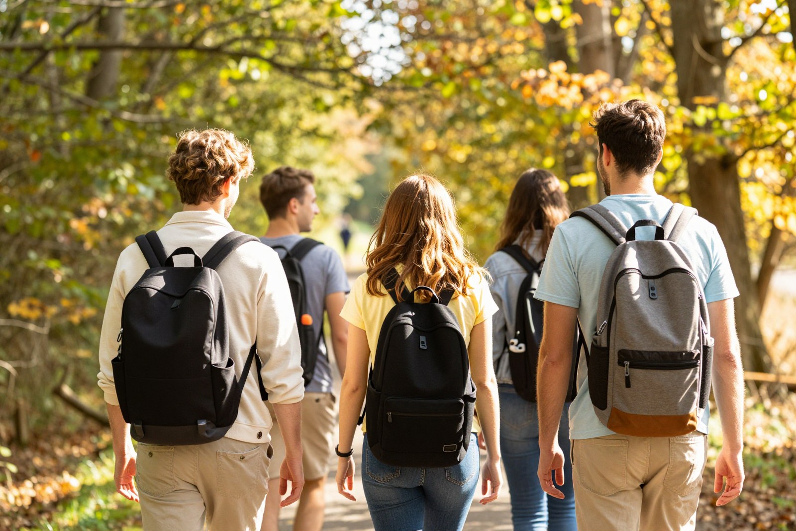 Freunde wandern gemeinsam auf einem sonnigen Waldweg