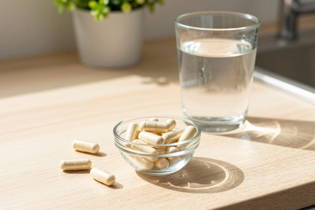 Magnesium-Kapseln neben einem Glas Wasser auf der Küchentheke