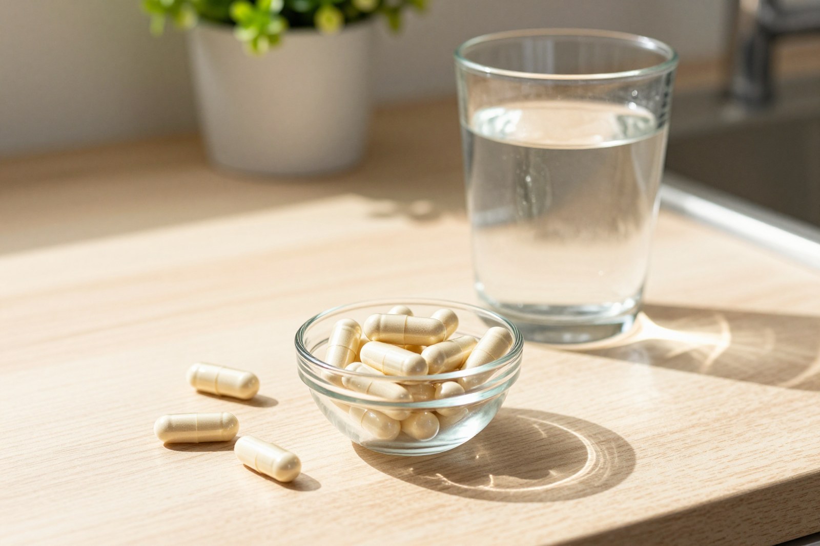 Magnesium-Kapseln neben einem Glas Wasser auf der Küchentheke
