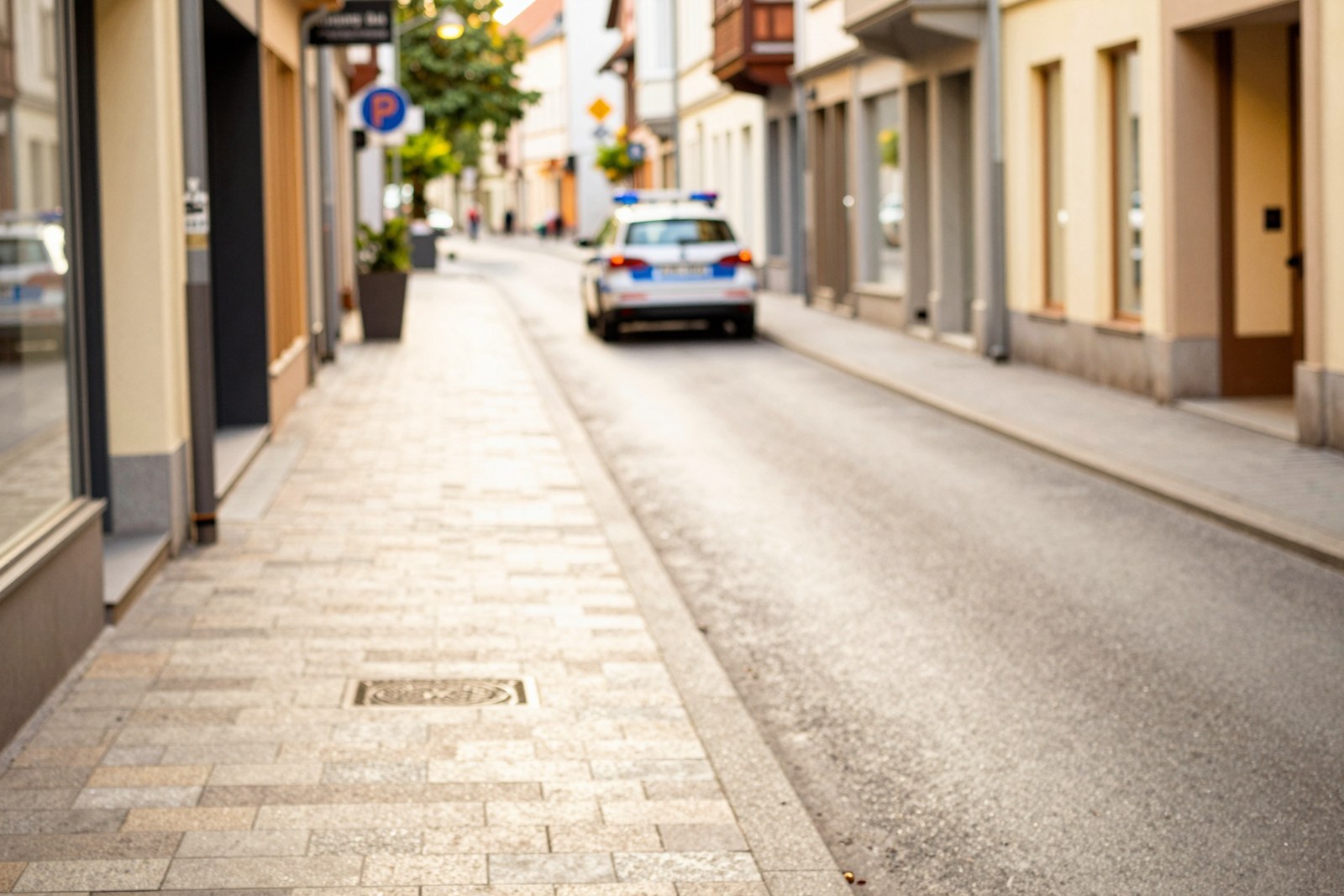 Leere Strasse in der Daemmerung mit parkendem Streifenwagen