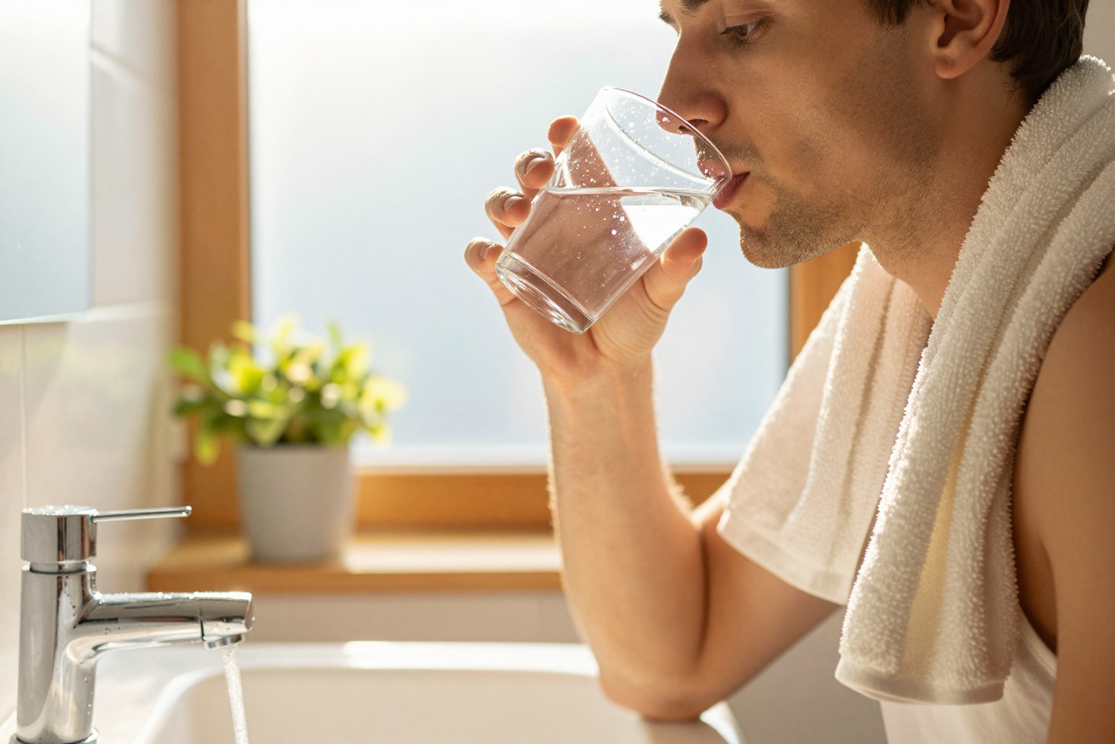 Mann trinkt morgens ein Glas Wasser im hellen Badezimmer