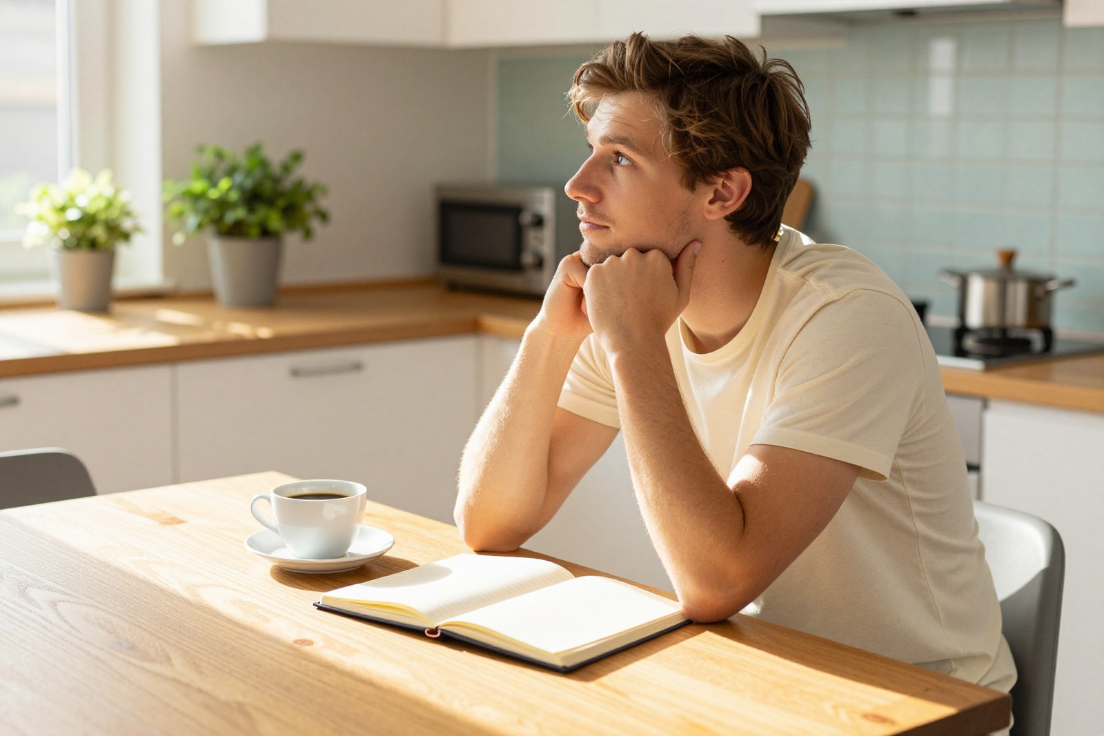 Mann sitzt mit Notizbuch und Kaffee nachdenklich am Küchentisch