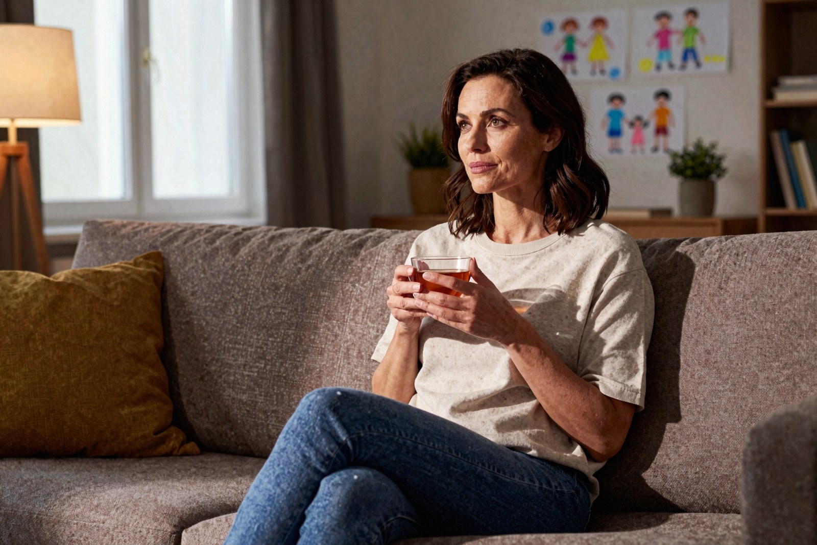 Frau Ende dreißig sitzt abends mit einer Tasse Tee entspannt auf dem Sofa